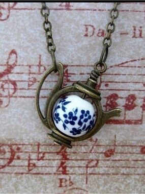 Antique Brass Teapot Necklace with Blue Floral Porcelain Bead